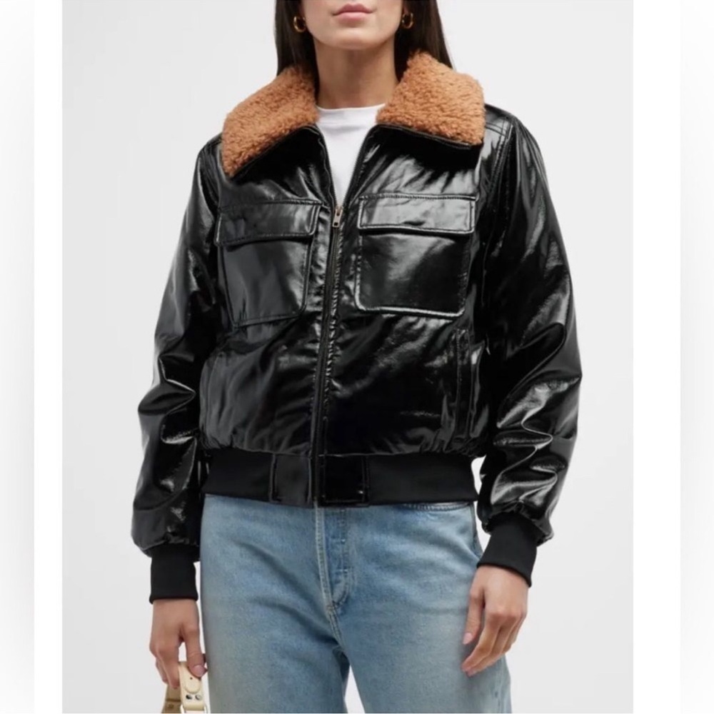 NWT Mother Pilot Faux Patent Leather Jacket in Black